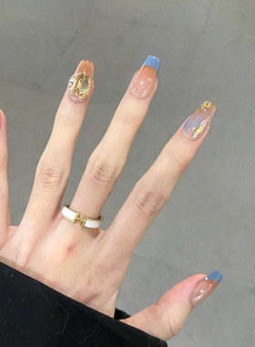 手工穿戴甲冰蓝色法式美甲贴片网红琥珀晕染爆闪钻指甲显白高级感