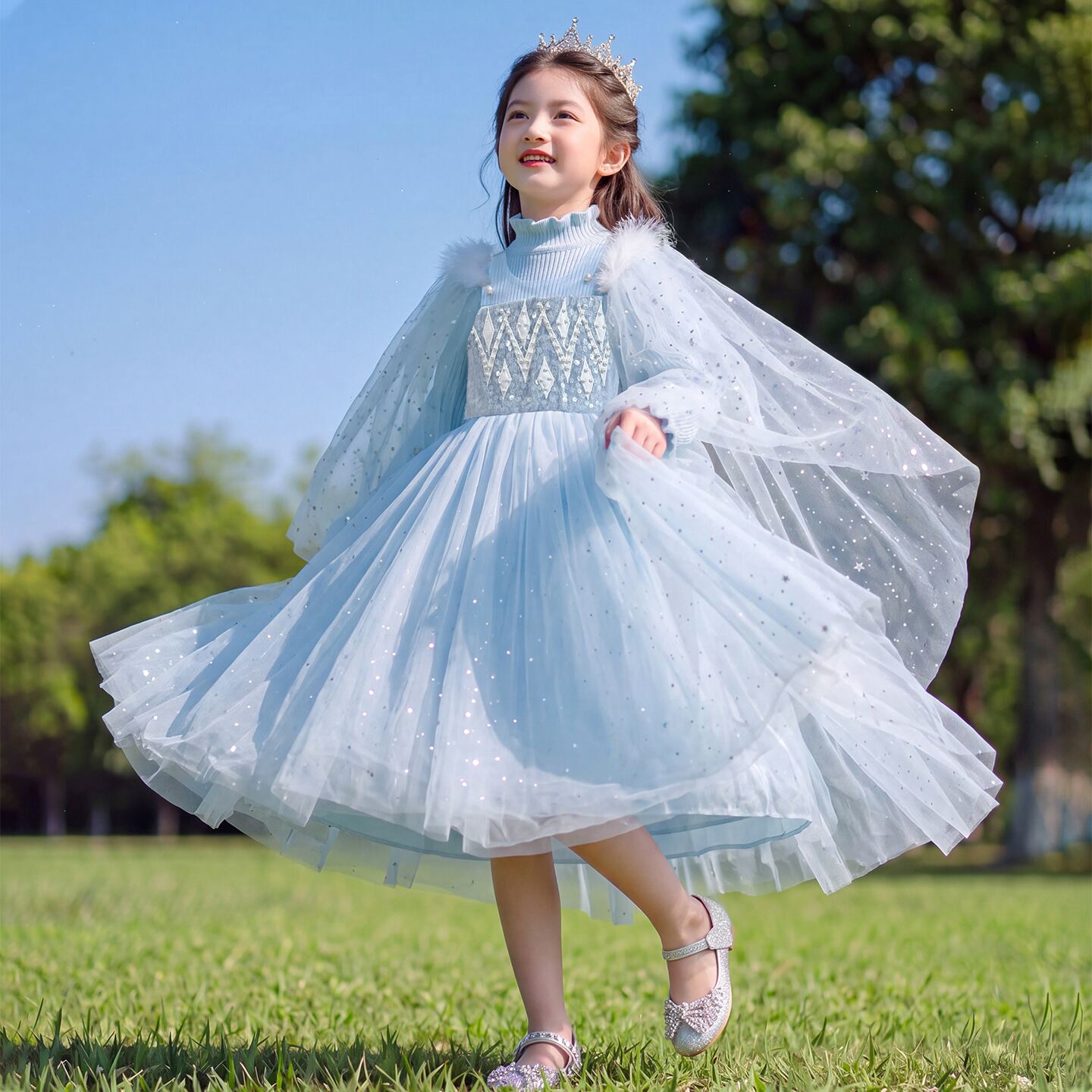 女童艾莎连衣裙秋季2026新款女孩生日礼服裙子儿童洋气网纱公主裙