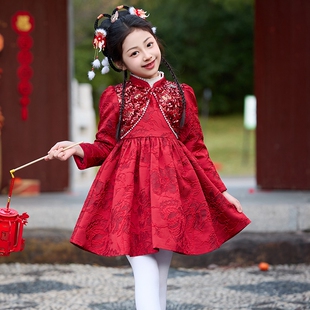 女童旗袍连衣裙冬季拜年服新中式裙子2026新款过年喜庆公主裙冬款