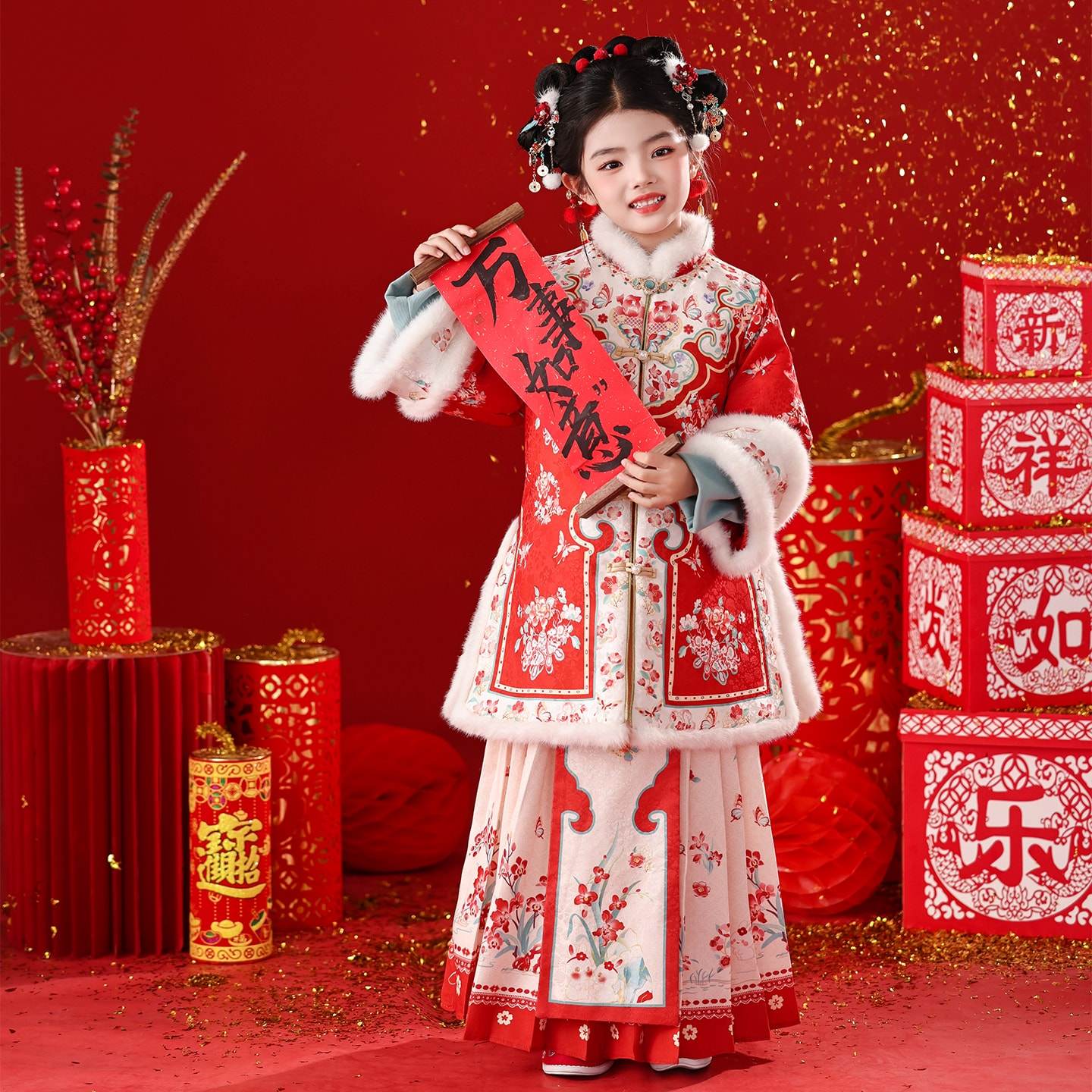 汉服女童古风红色喜庆唐装拜年服2026新款儿童冬季加厚马面裙套装