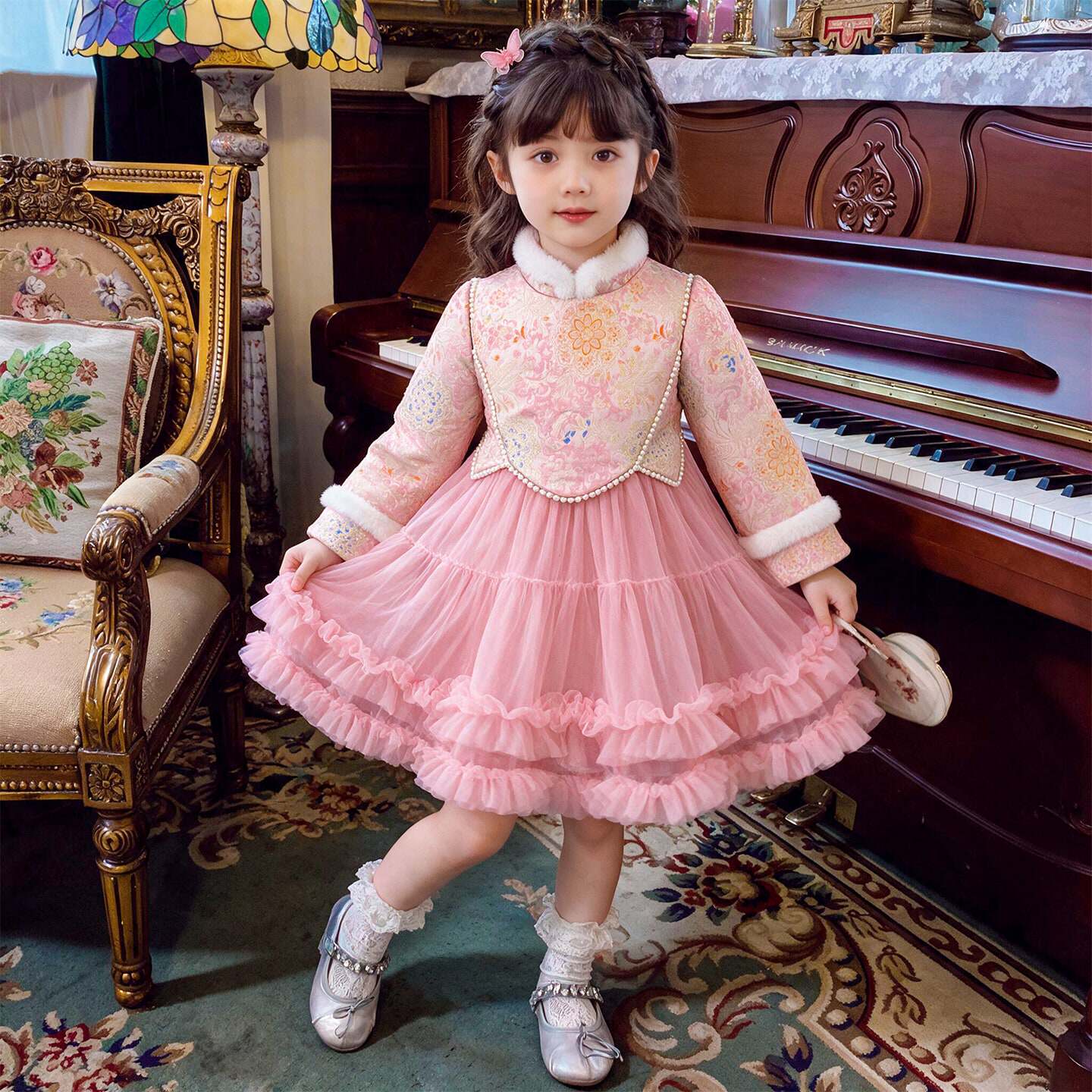 女童秋冬加绒新中式连衣裙2026新款儿童蓬蓬网纱冬裙小女孩公主裙