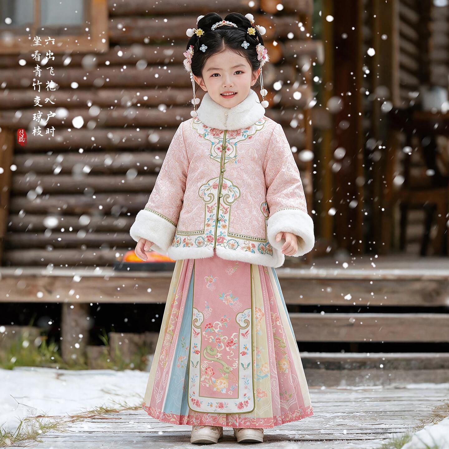女童中国风汉服冬季加绒加厚马面裙套装超仙女孩唐装拜年服新年装