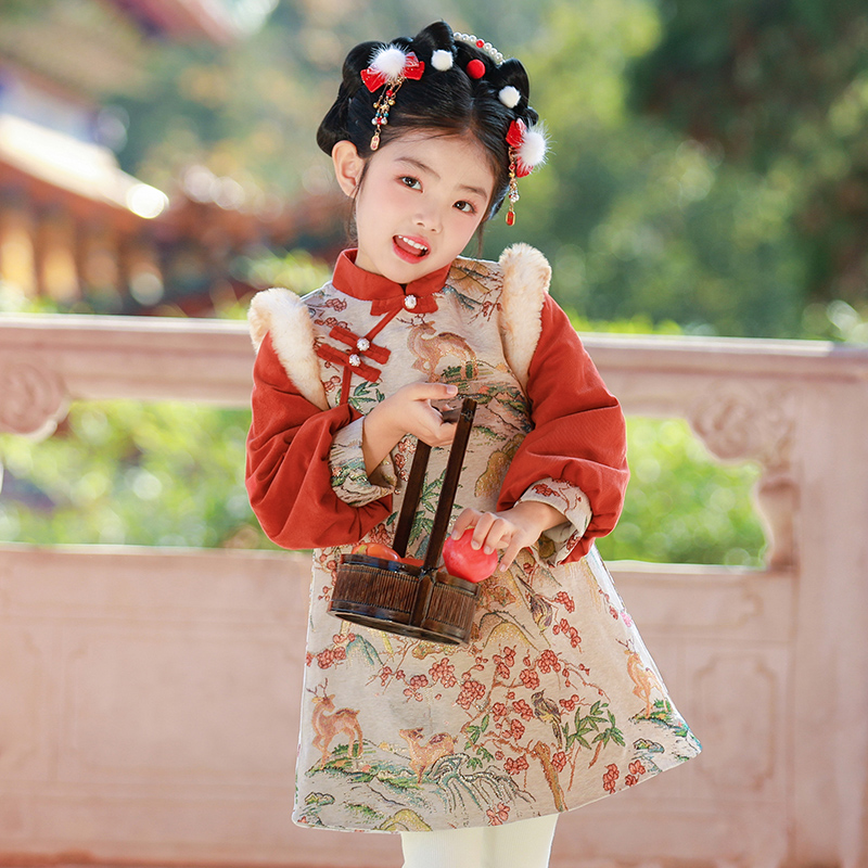 女童旗袍拜年服加绒冬季