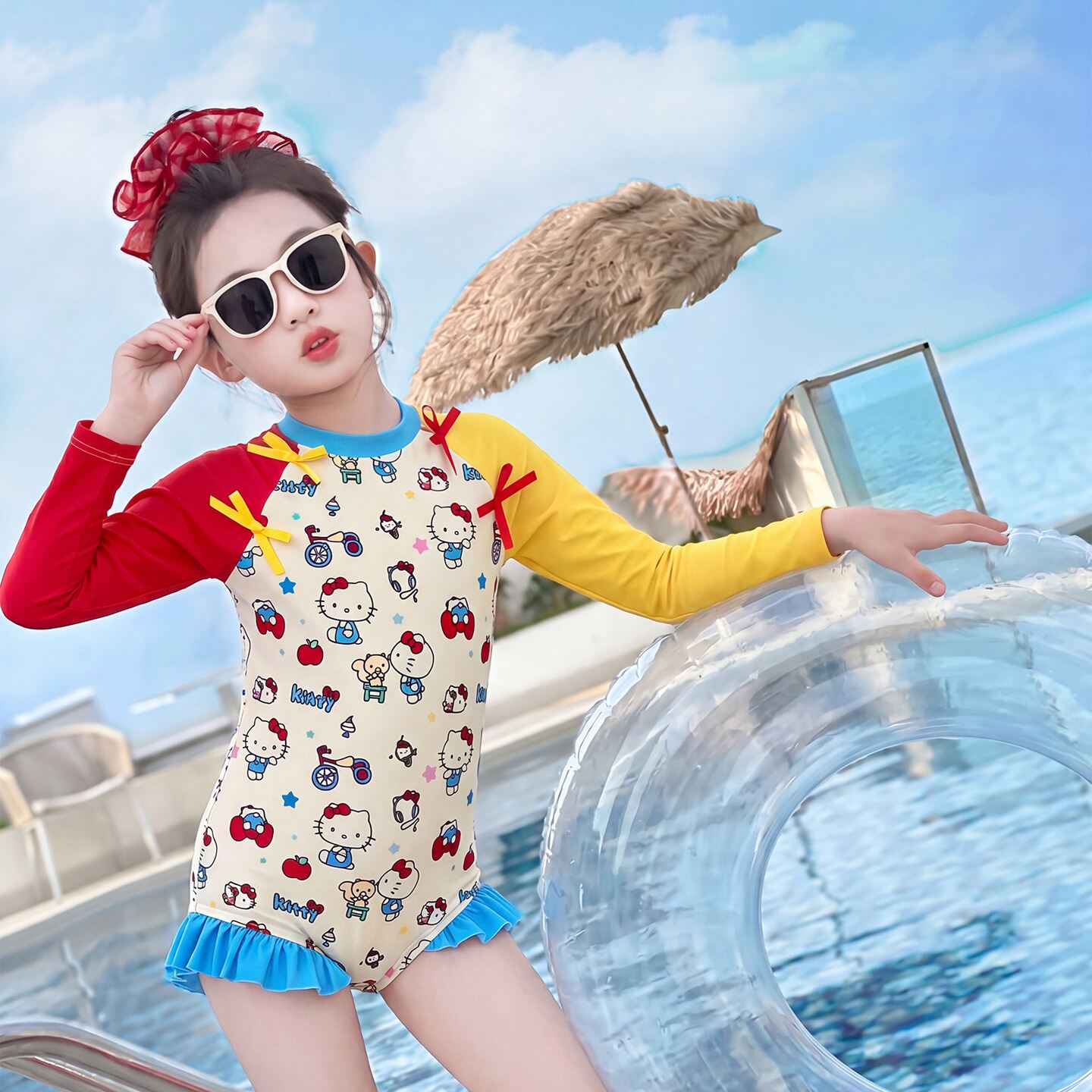 女童夏季游泳衣2026新款甜美卡通Kitty猫连体泳衣小女孩可爱泳装