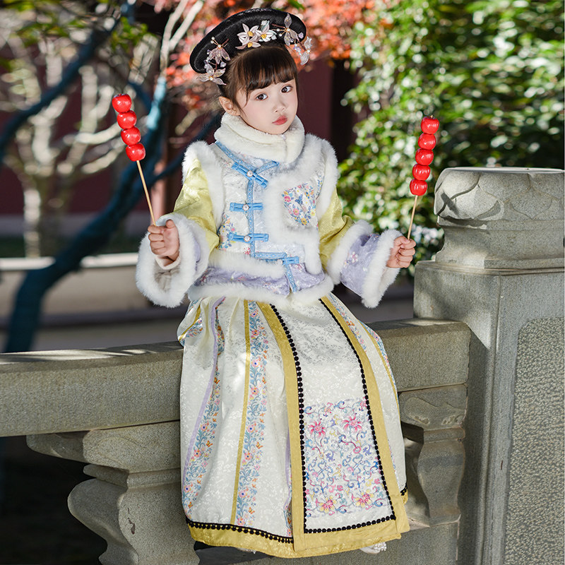 汉服女童格格服古装冬季加厚中国风马面裙喜庆过年衣服女宝拜年服