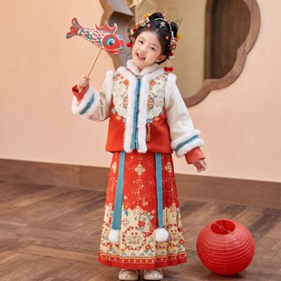 拜年服女童冬装2026新款儿童汉服古风新年过年衣服女孩马面裙套装