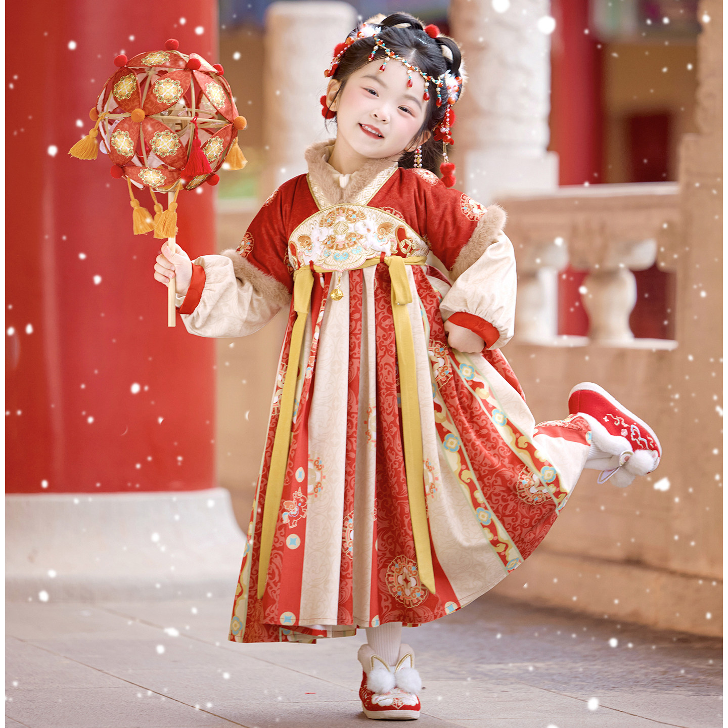 女童拜年服2026新款汉服冬装儿童中国风红色加绒喜庆过年古装衣服