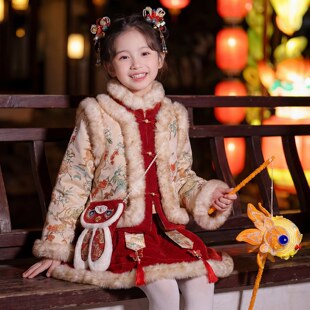 女童拜年服汉服儿童旗袍唐装冬季2026新款红色喜庆新年装冬款裙子