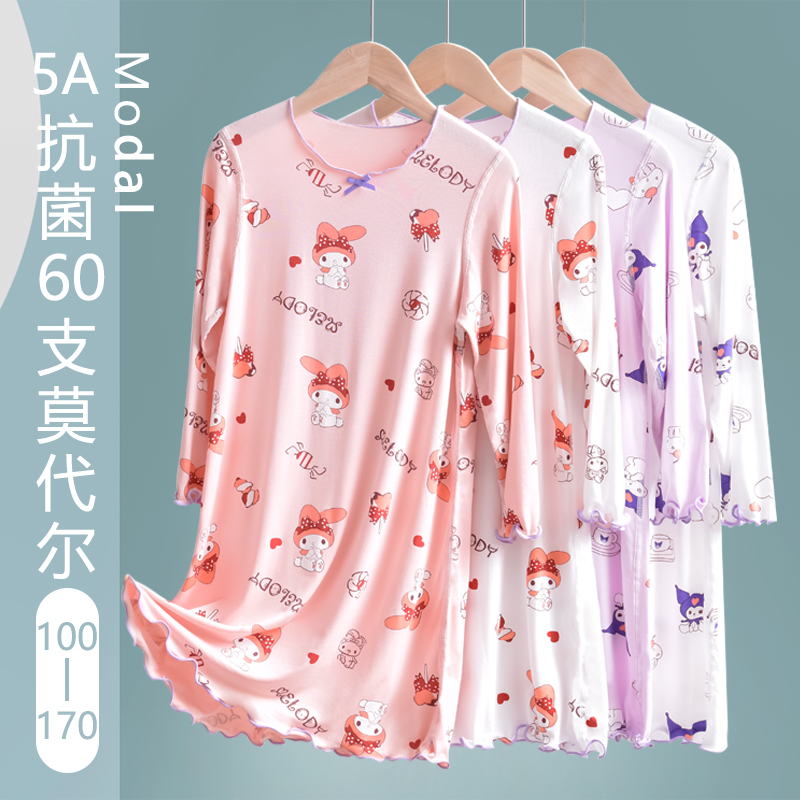女童睡衣长袖睡裙卡通印花冰丝