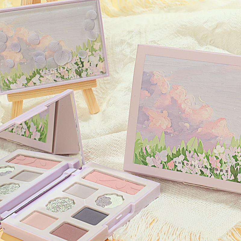 跨境诗蒂娅夏日多巴胺粉蓝色珠光哑光马卡龙瓣眼影盘学生7色珠光