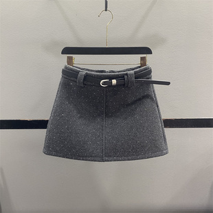 灰色烫钻加厚毛呢半身裙女2025秋冬新款 气质显瘦百搭A字包臀短裙