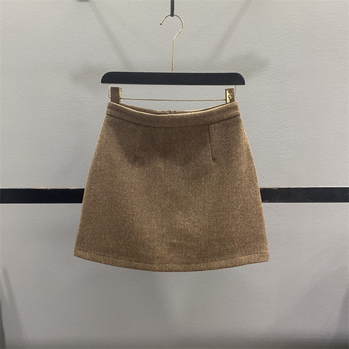 复古咖啡色毛呢半身裙女包臀短裙