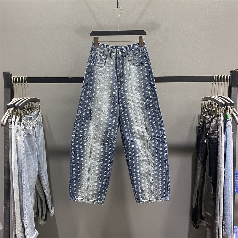 美式复古五角星提花弯刀牛仔裤女2026春季新款宽松休闲阔腿香蕉裤,女装/女士精品,牛仔裤,淘宝优惠券,粉丝福利购,淘宝优惠卷