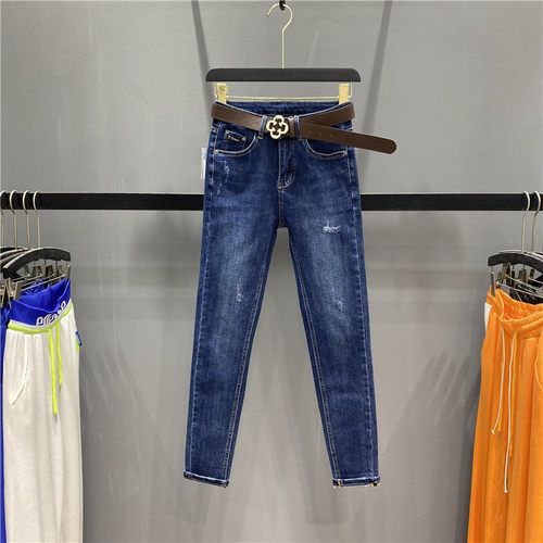 深蓝色高腰弹力牛仔小脚铅笔裤女