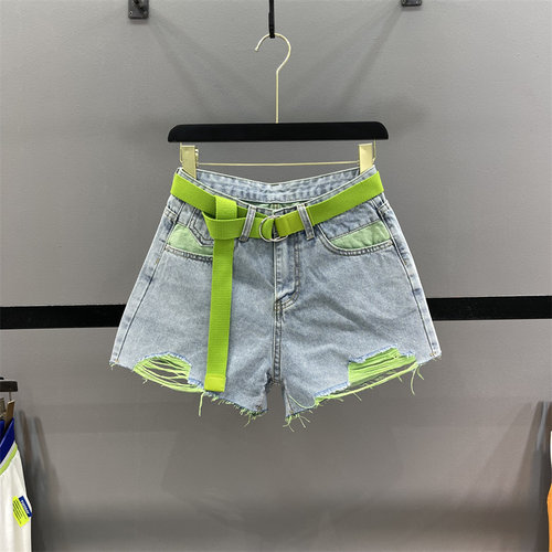 破洞牛仔短裤女A字阔腿毛边热裤