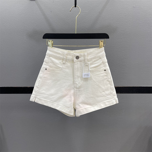 潮 弹力显瘦小个子辣妹A字阔腿热裤 米白色高腰牛仔短裤 女2025秋季