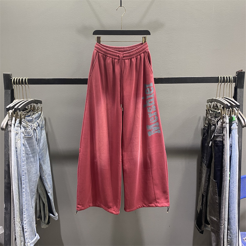 美式复古字母印花弯刀卫裤女阔腿