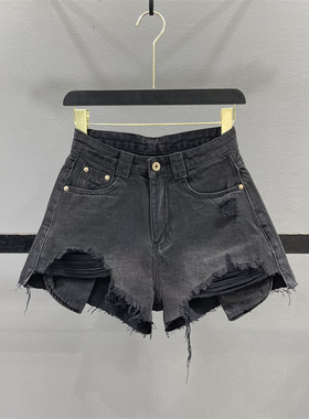 黑色破洞牛仔短裤女2025秋季新款高腰显瘦辣妹A字毛边阔腿热裤潮