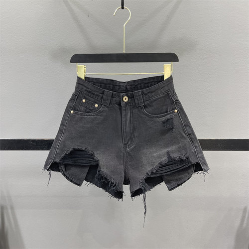 黑色破洞牛仔短裤女毛边阔腿热裤