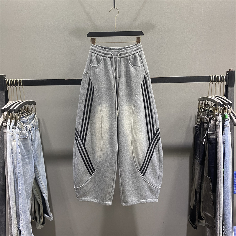 美式复古三条杠阔腿弯刀卫裤女