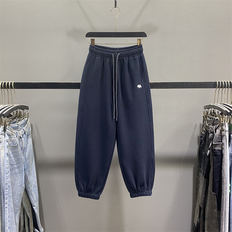 藏青色休闲卫裤女2025秋冬新款加绒加厚束脚运动裤宽松九分哈伦裤