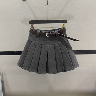 灰色毛呢百褶半身裙学院风减龄显瘦A字防走光短裙 清仓不退换