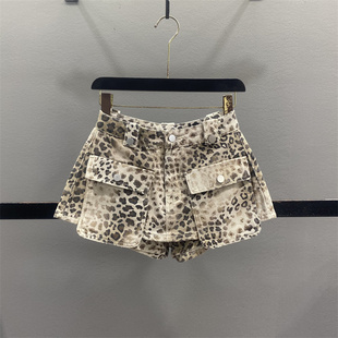 女2025秋季 豹纹牛仔短裙裤 显瘦辣妹A字包臀半身裙 大口袋工装 美式