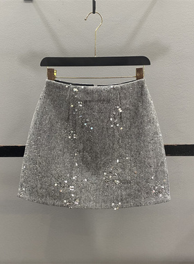 小香风灰色亮片半身裙女2025秋冬新款高腰显瘦a字包臀裙毛呢短裙