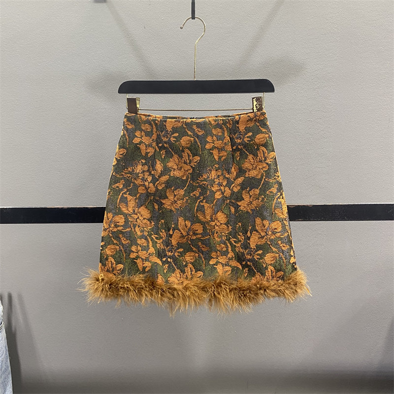 新中式复古提花毛毛半身裙女2025秋冬气质高腰显瘦包臀裙A字短裙