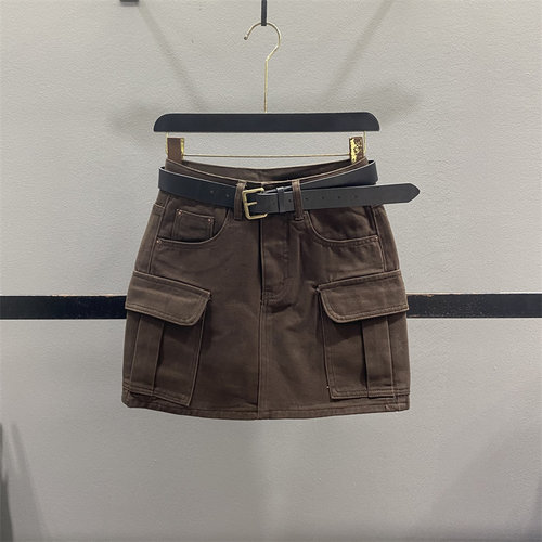 复古大口袋工装牛仔半身裙女短裙