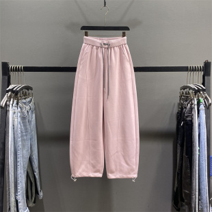 高腰宽松慵懒休闲阔腿香蕉裤 美式 新款 女2026春季 粉色抽绳弯刀卫裤