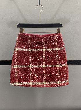 圣诞红色格子亮片毛呢半身裙女2025秋冬新款高腰显瘦a字包臀短裙