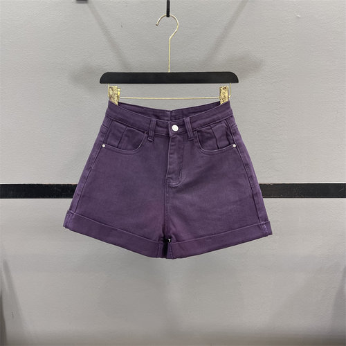 紫色牛仔短裤女阔腿裤卷边热裤