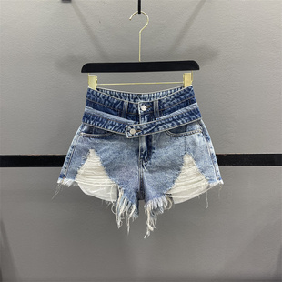 高腰显瘦辣妹A字阔腿热裤 双腰头设计破洞毛边牛仔短裤 女2026夏季