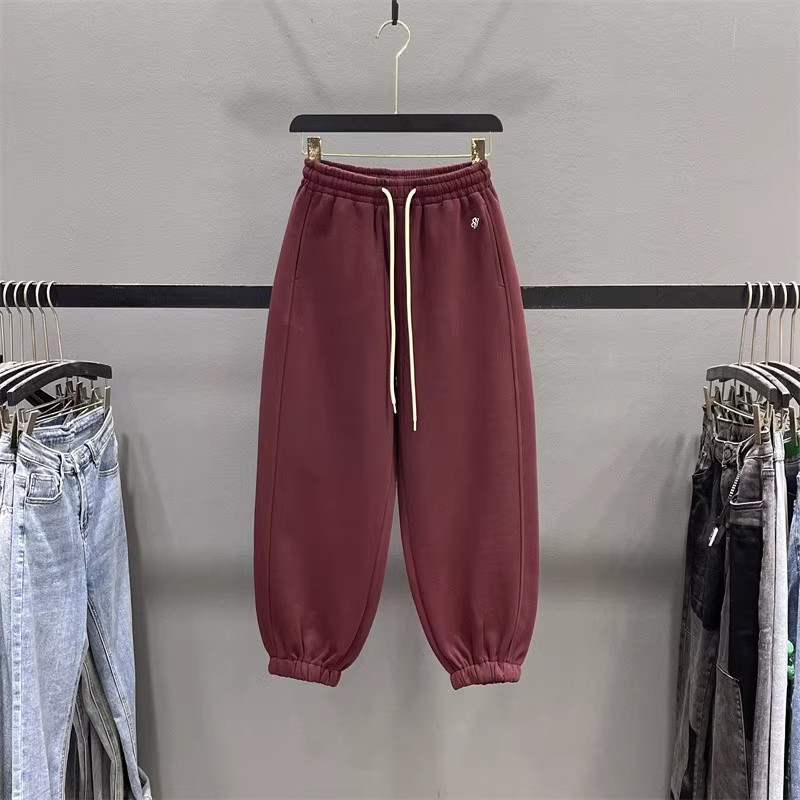 安可拉红休闲卫裤女2025秋季松紧腰抽绳运动裤宽松九分束脚哈伦裤