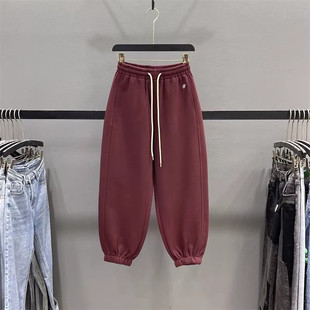 安可拉红休闲卫裤女2026春季松紧腰抽绳运动裤宽松九分束脚哈伦裤