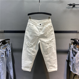欧洲站白色乞丐破洞牛仔裤女2026春夏新款宽松显瘦九分萝卜哈伦裤