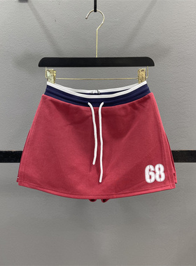 红色休闲半身裙女2026夏季美式抽绳运动卫裙辣妹包臀裙A字短裙裤
