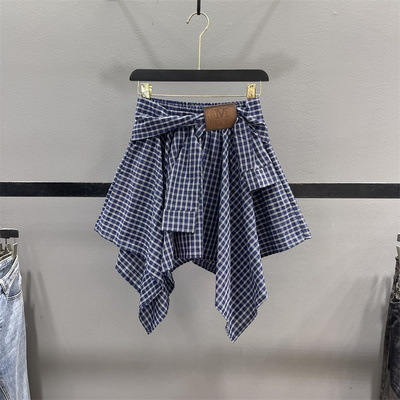 不规则格子半身裙女绑带衬衫短裙