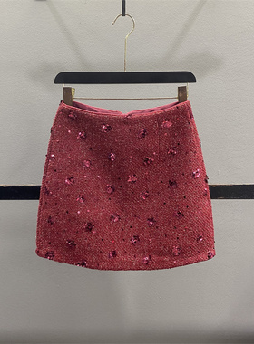 红色亮片毛呢半身裙女2025秋冬新款小香风气质显瘦辣妹包臀裙短裙