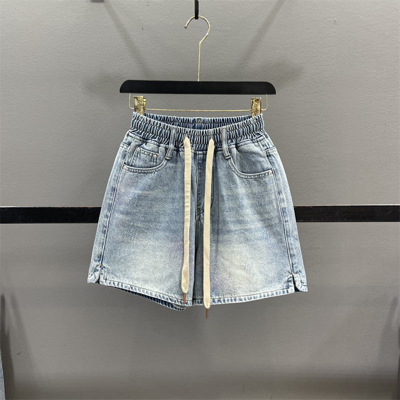 松紧腰抽绳牛仔短裤女2025夏季新款高腰宽松显瘦开叉休闲阔腿热裤