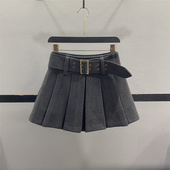 复古灰色毛呢半身裙高腰显瘦A字百褶裙防走光短裙 清仓不退换