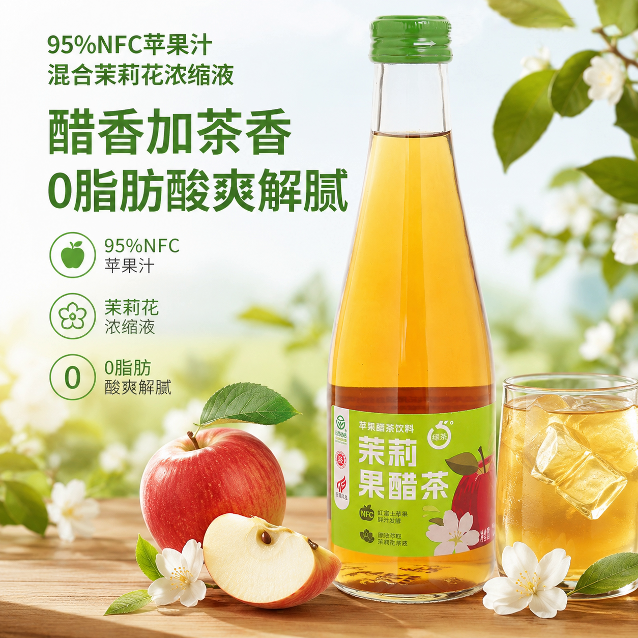 绿杰茉莉果醋茶饮料95%果汁280ml*6瓶装0代糖0脂肪茶饮料酸爽解腻
