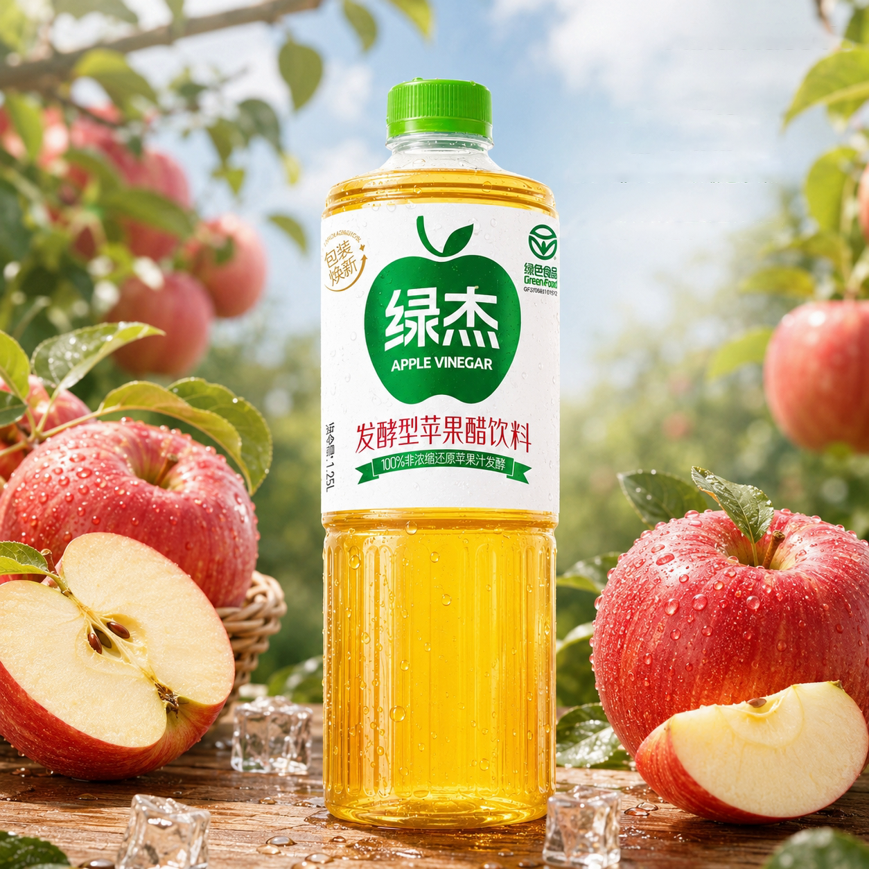 绿杰发酵型苹果醋饮料整箱1.25L*6瓶0代糖0脂肪大瓶果醋60%果汁