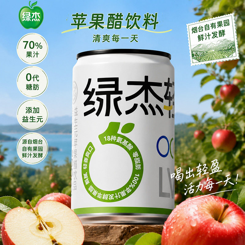 【蜜蜂心愿社】绿杰轻纯益生元苹果醋饮料200ml*12罐70%果汁0代糖