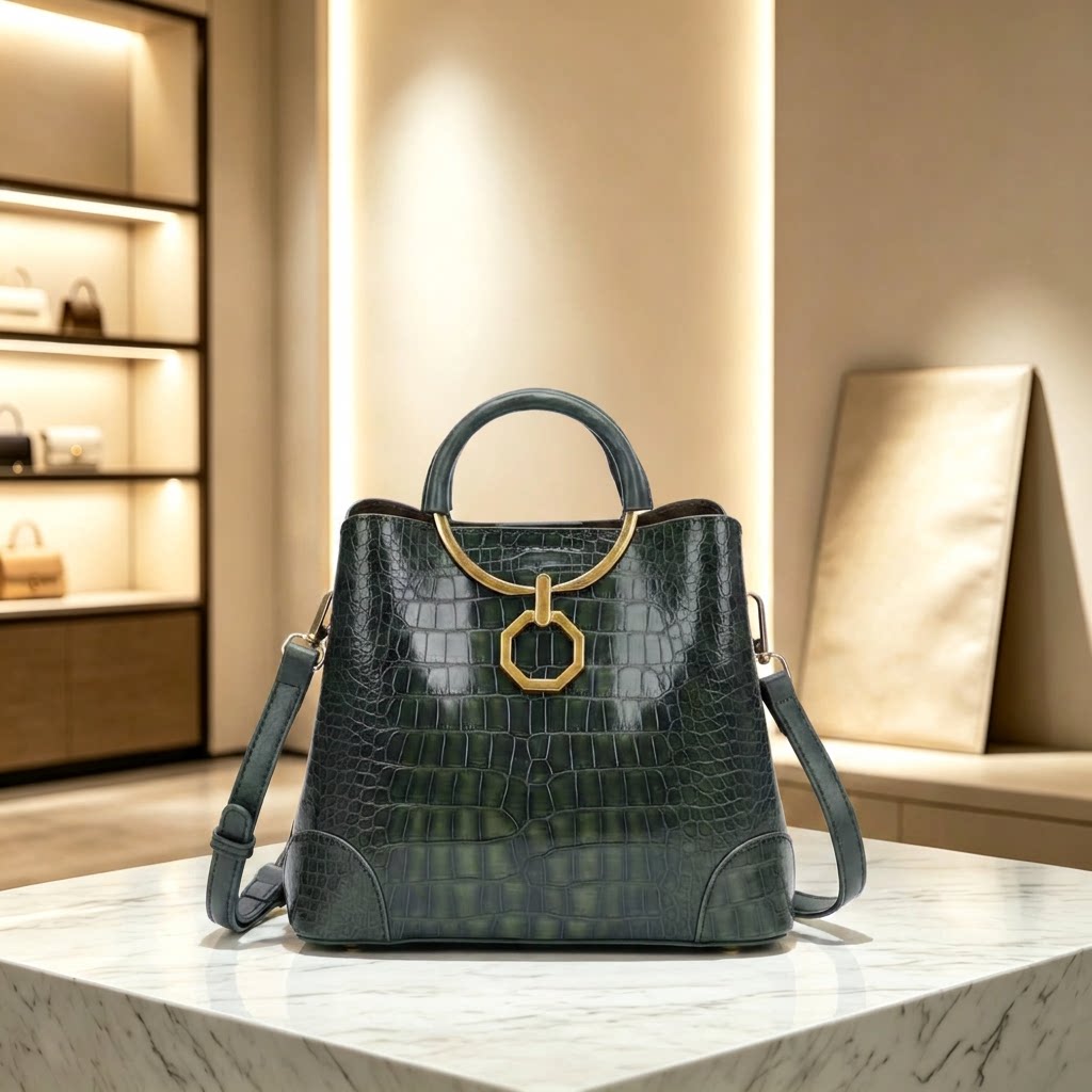 龍喜儿【墨韵金环】长23宽11高20墨绿色洋气油蜡皮水桶包Y2059