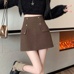 毛呢半身裙女2025新款秋冬款高腰小个子时尚工装a字包臀裙短裙子