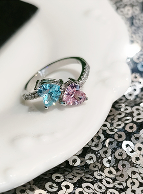 新款时尚轻奢百搭小众粉钻爱心开口心形戒指镶嵌高碳钻撞色日常女