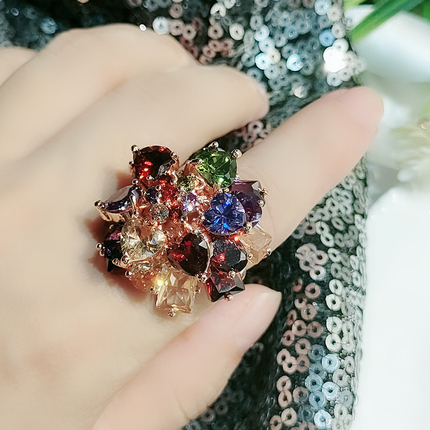 Mona Lisa Ring, Crystal Flower, Open Adjustable, Fashionable, Unique, Elegant, Exaggerated Ring