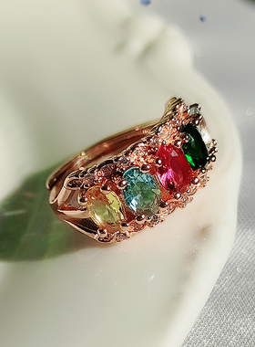 天然多宝水晶戒指女排戒多种彩色宝石水晶925银镀18k金镶嵌活口款